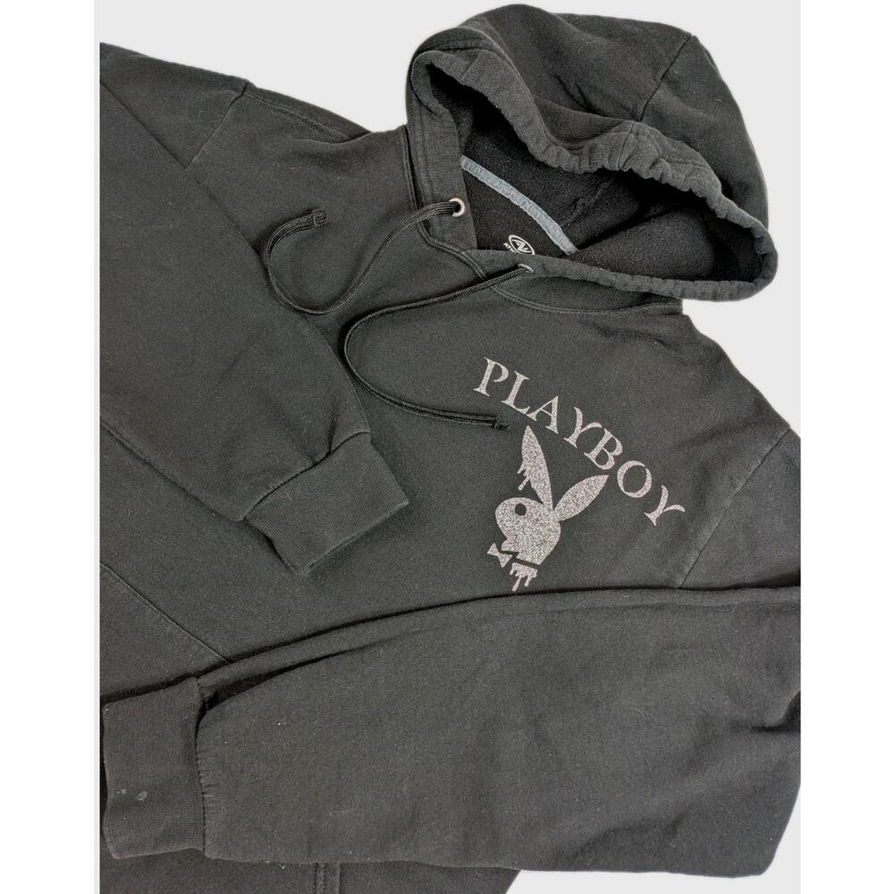 Playboy Bunny Hoodie Black Silver Women's Size Small Silver Glitter Logo